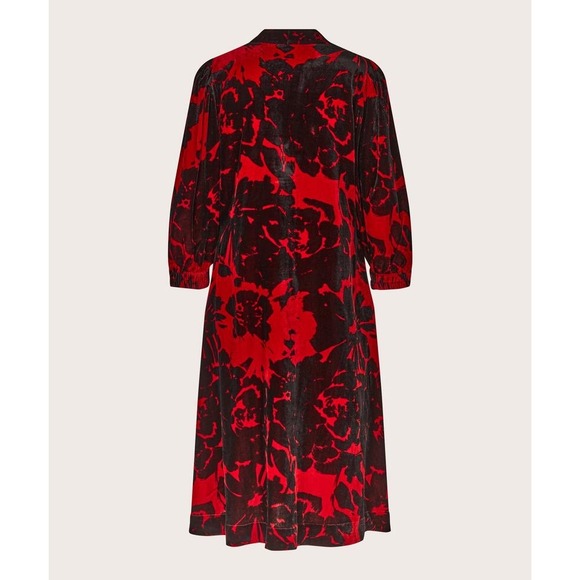 Masai Red Black Floral Velvet Midi Dress Long Sleeve Boho Chic Scandinavian‎ L - Picture 2 of 8